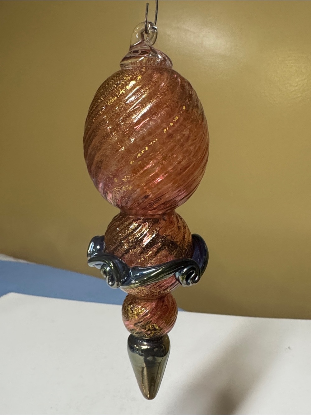 Murano Hand-Blown pink swirl Glass Ornament with gold aventurine 6”